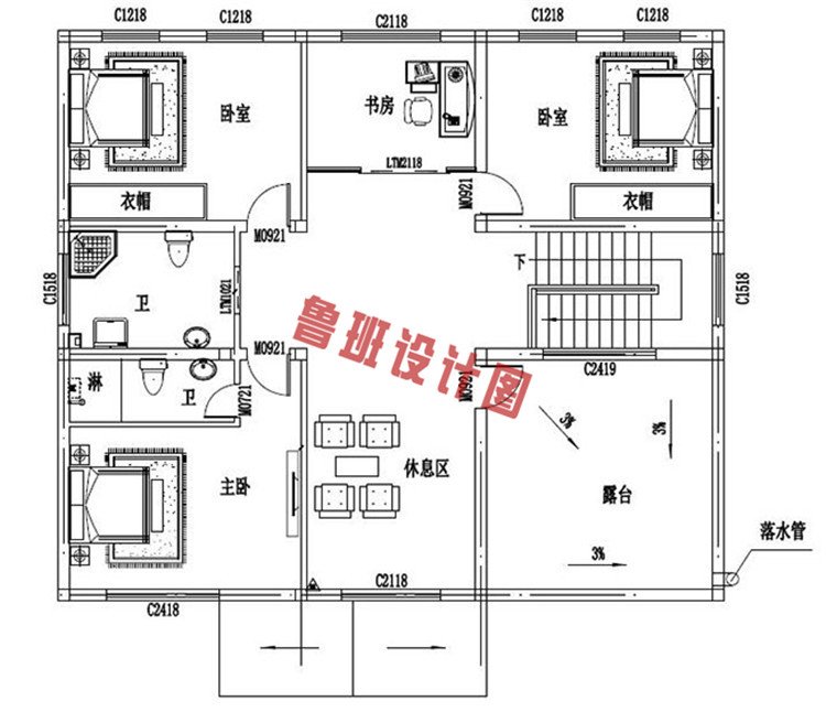 25万乡村二层小别墅设计二层户型图