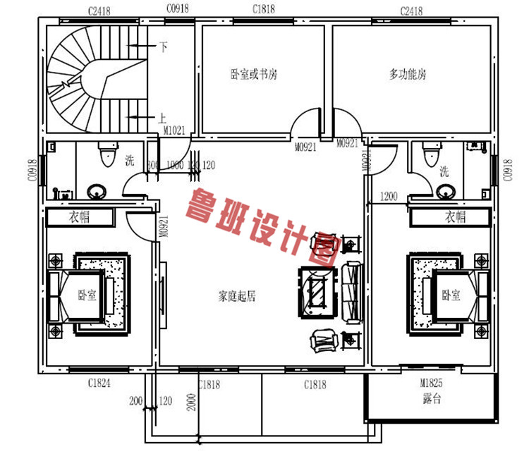 乡村带闷顶二层自建房屋设计二层户型图