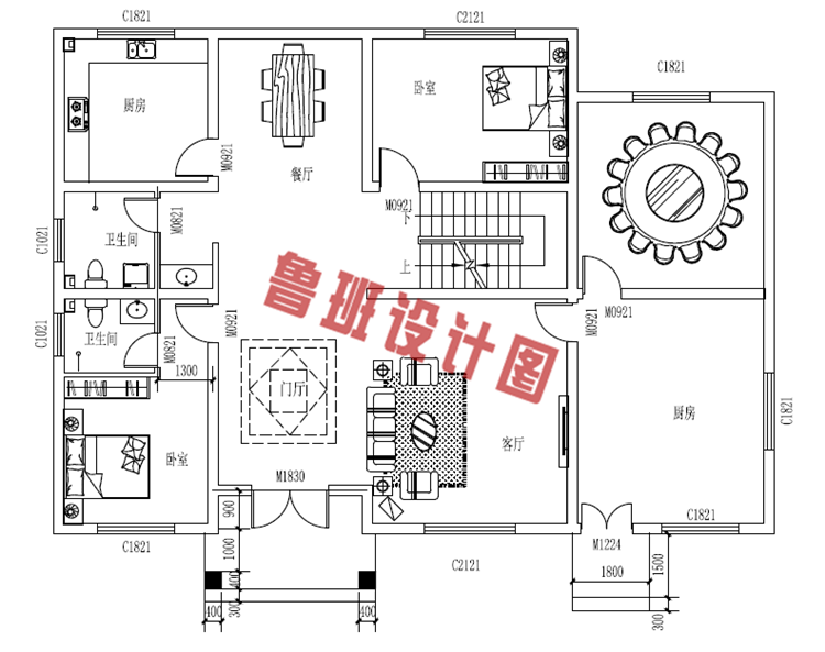 四间两层别墅设计一层户型图