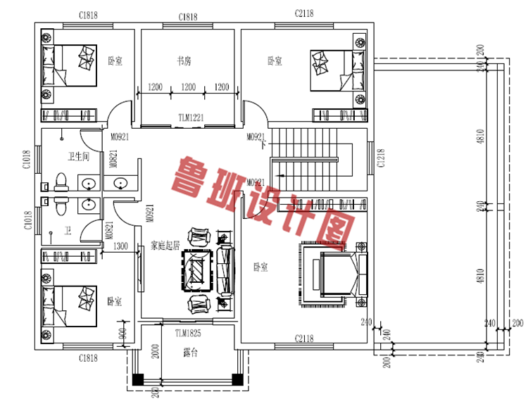 四间两层别墅设计二层户型图