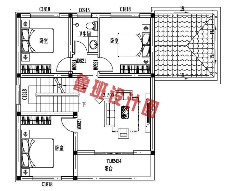 两间两房小别墅设计二层户型图