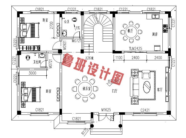 乡村平顶二层别墅设计一层户型图