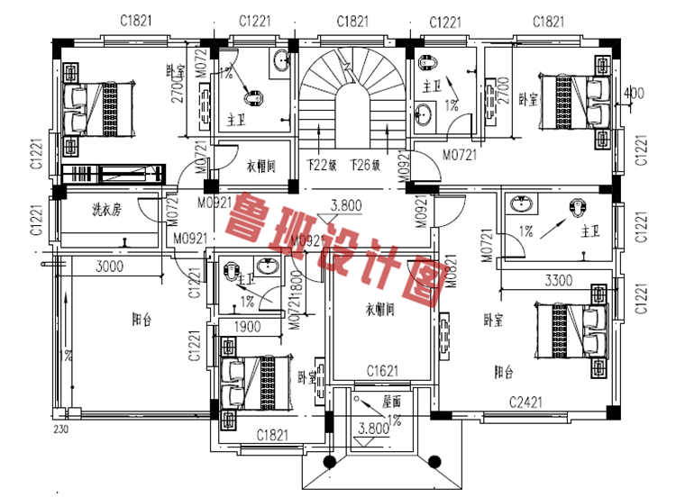 乡村平顶二层别墅设计二层户型图