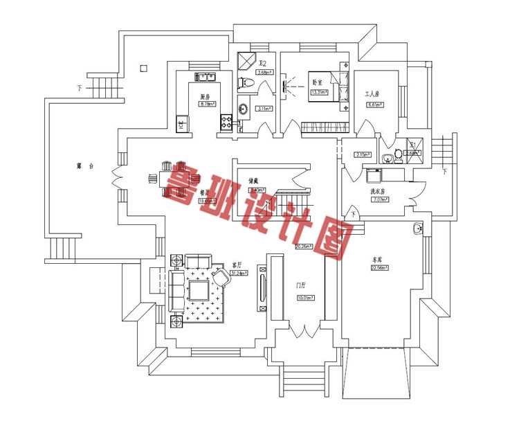 美式田园二层小别墅设计一层户型图