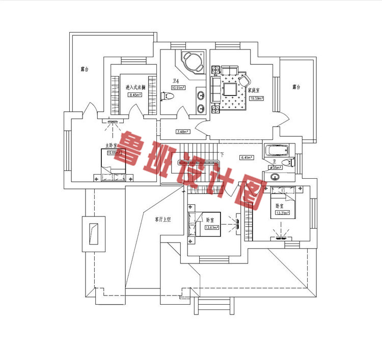 美式田园二层小别墅设计二层户型图