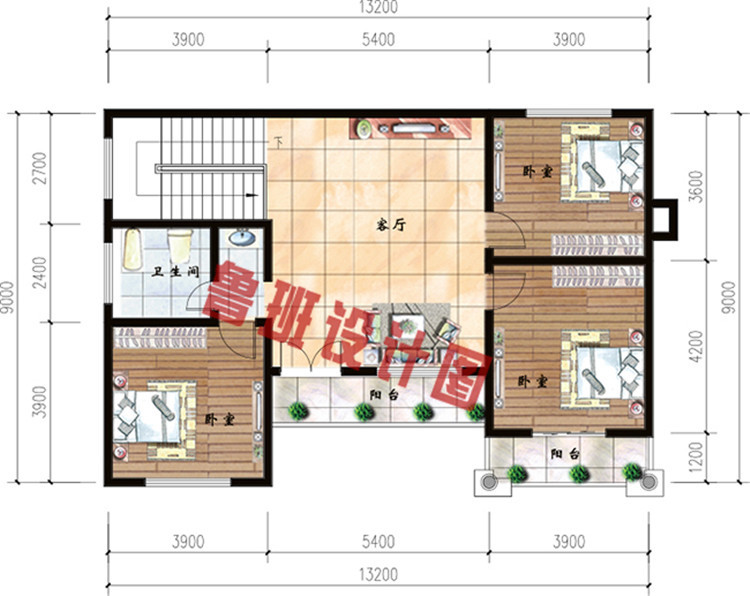 二层框架结构乡村别墅设计二层户型图