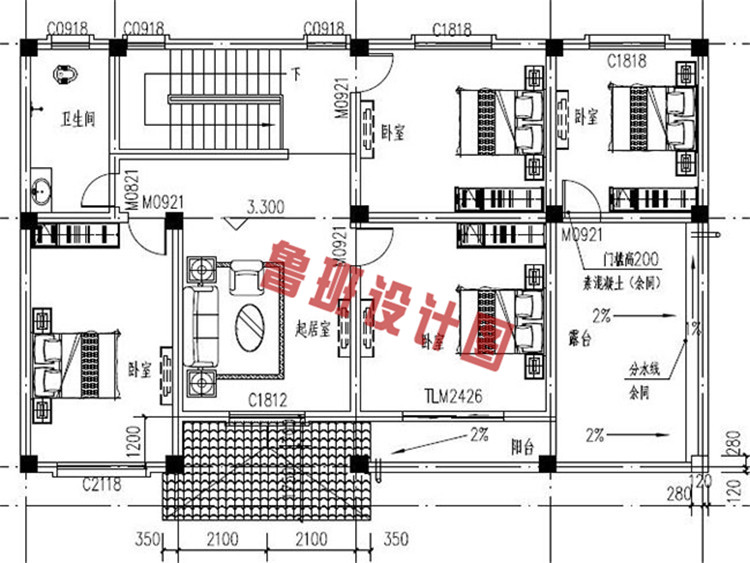 现代风格农村二层自建房别墅设计二层户型图