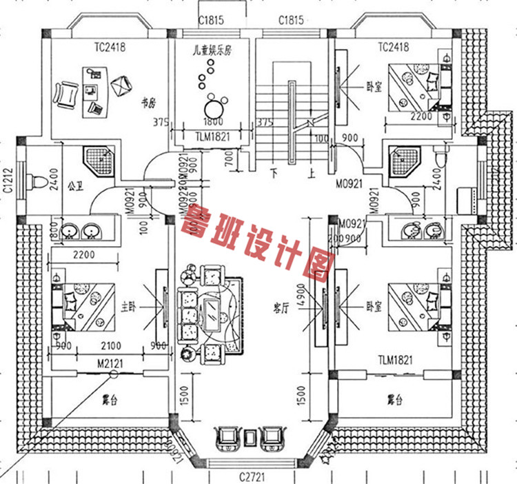 欧式风格二层别墅设计二层户型图