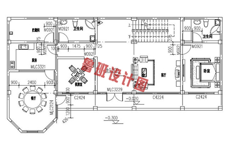 美式田园风格二层别墅自建房设计一层户型图