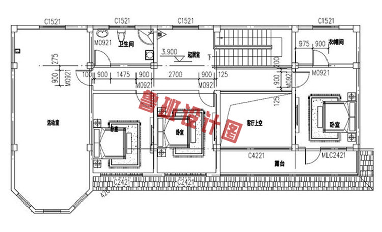 美式田园风格二层别墅自建房设计二层户型图