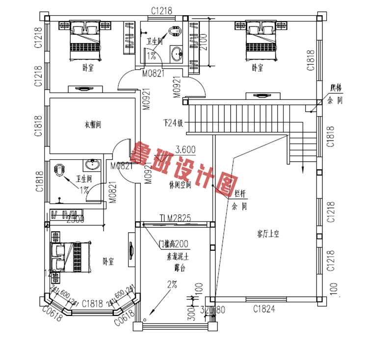 150平复式二层别墅设计二层户型图