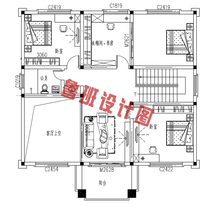 二层新中式别墅设计二层户型图