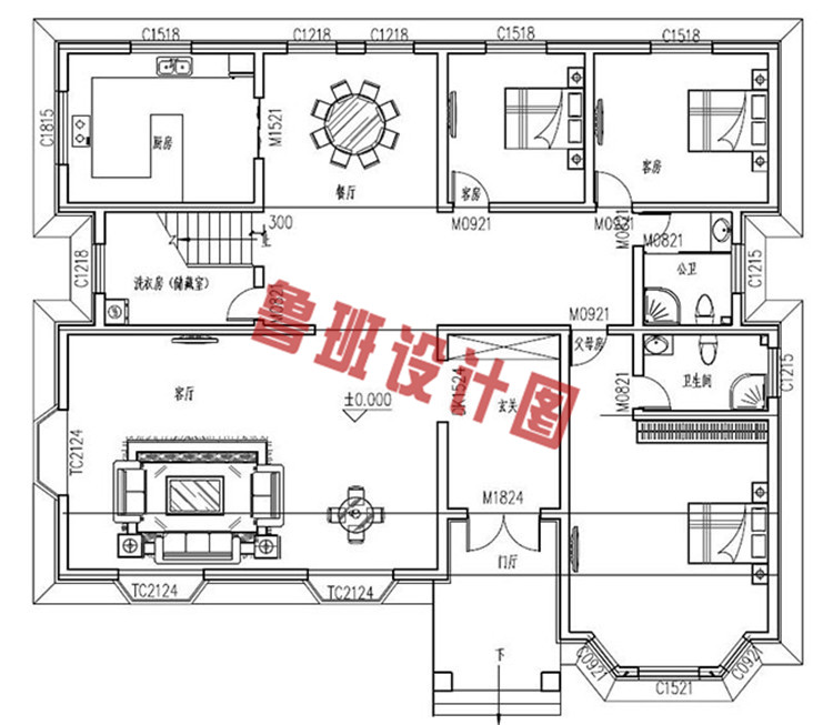 精致大气两层四间别墅自建房屋设计一层户型图