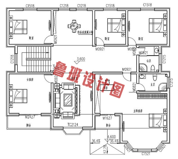 精致大气两层四间别墅自建房屋设计二层户型图