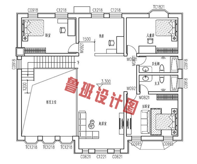 新古典中式二层别墅设计二层户型图