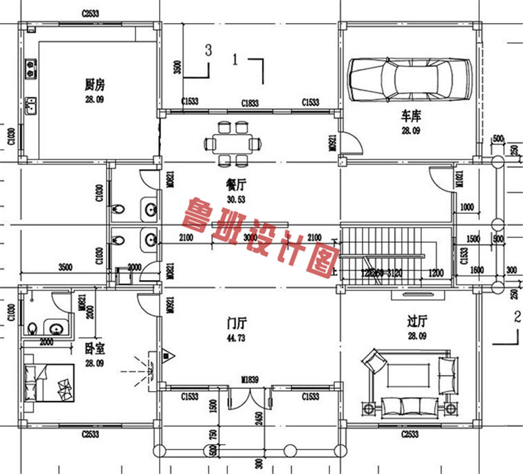 二层简欧别墅房屋设计一层户型图