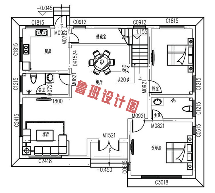 二层仿古复古别墅设计一层户型图