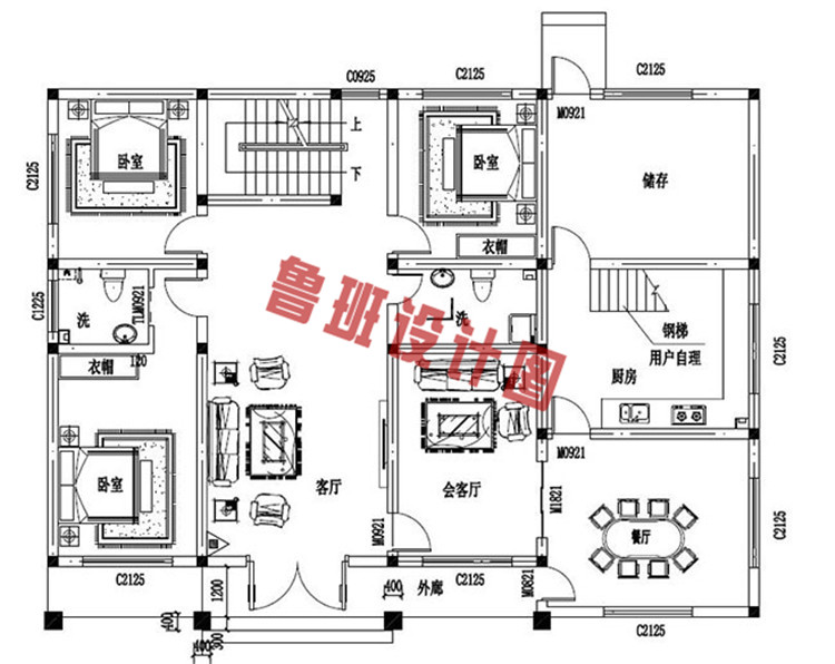 简单二层乡村平屋顶住宅设计一层户型图