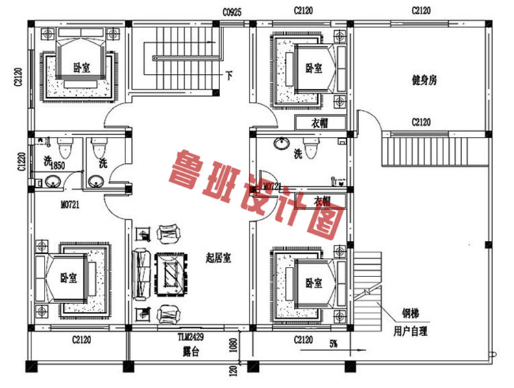 简单二层乡村平屋顶住宅设计二层户型图