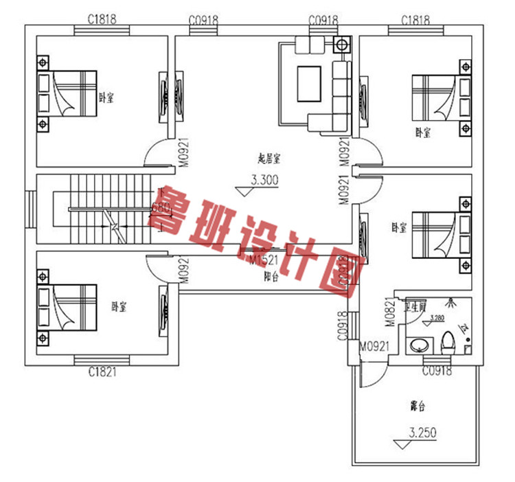 带地下室二层平顶小楼设计二层户型图