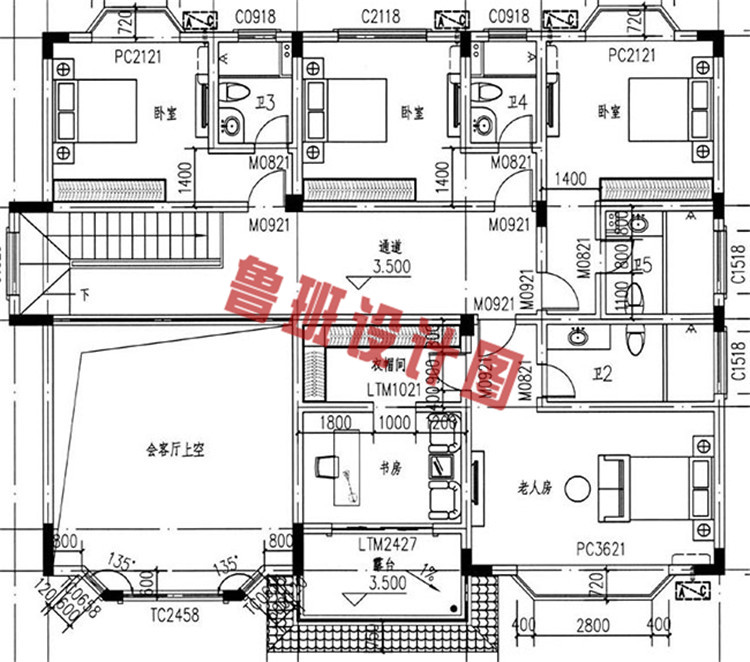 210平二层别墅小洋楼设计二层户型图