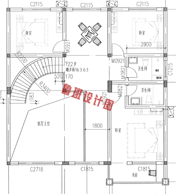 140平农村二层别墅设计二层户型图