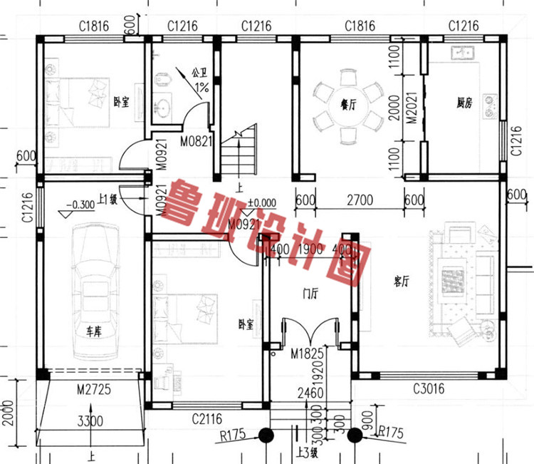 乡村二层带阁楼车库别墅楼房设计一层户型图