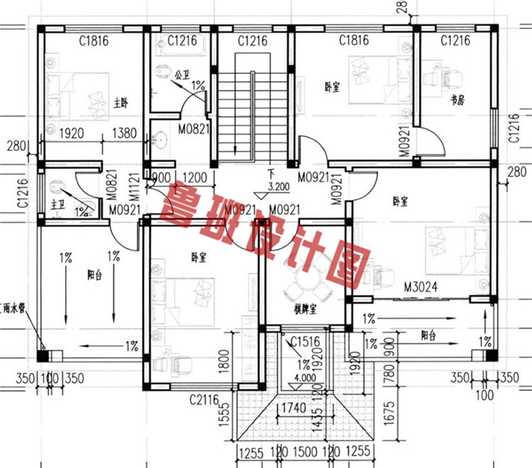 乡村二层带阁楼车库别墅楼房设计二层户型图