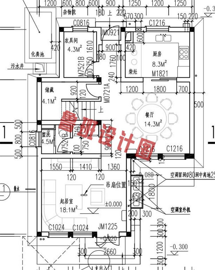 二层砖混结构带阁楼别墅房屋设计一层户型图