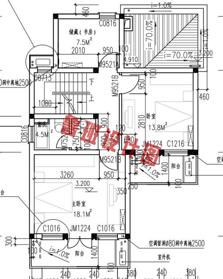 二层砖混结构带阁楼别墅房屋设计二层户型图