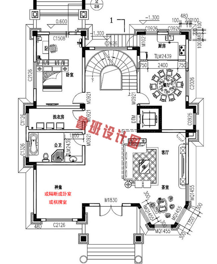 三层带地下室带电梯别墅设计一层户型图