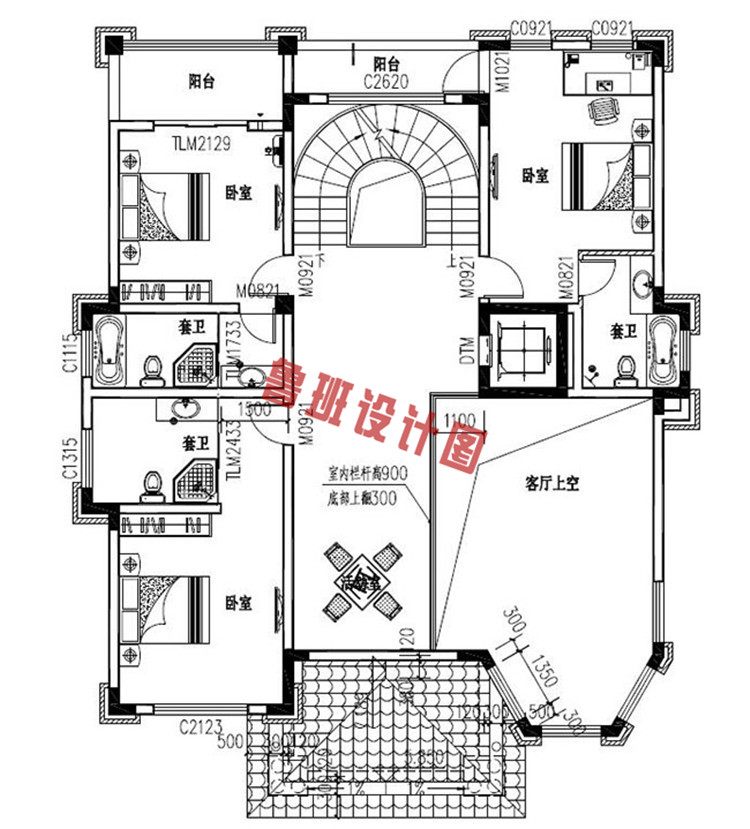 三层带地下室带电梯别墅设计二层户型图