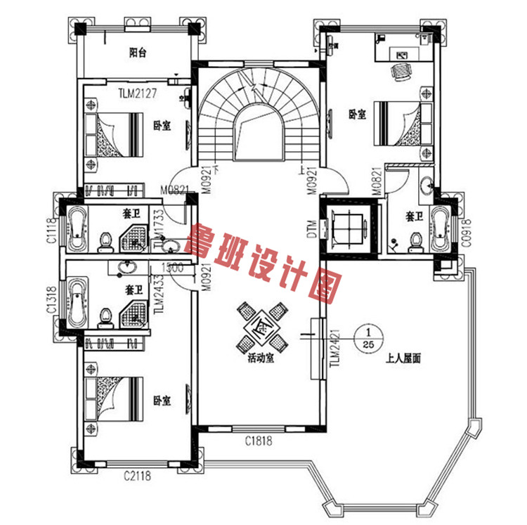 三层带地下室带电梯别墅设计三层户型图