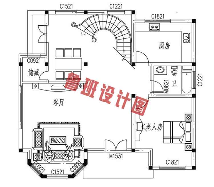 乡村三层复式楼房设计一层户型图