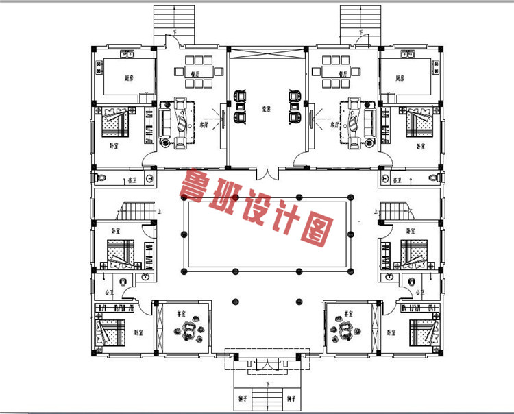 乡村经典双拼二层四合院别墅一层户型图