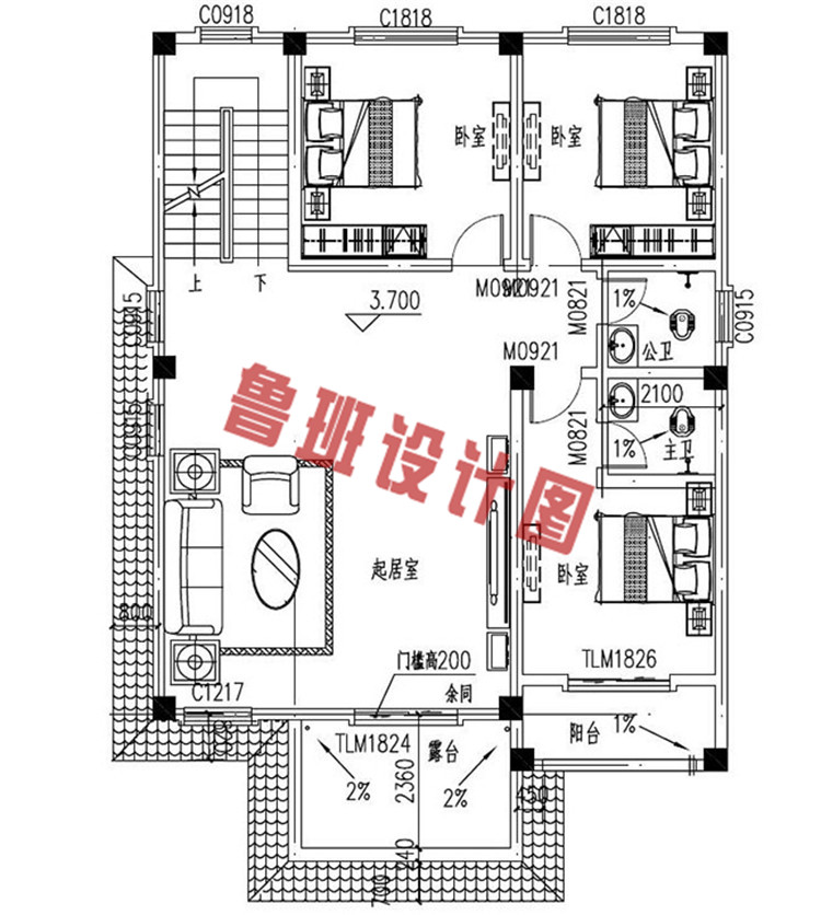 两间三层楼房设计二层户型图