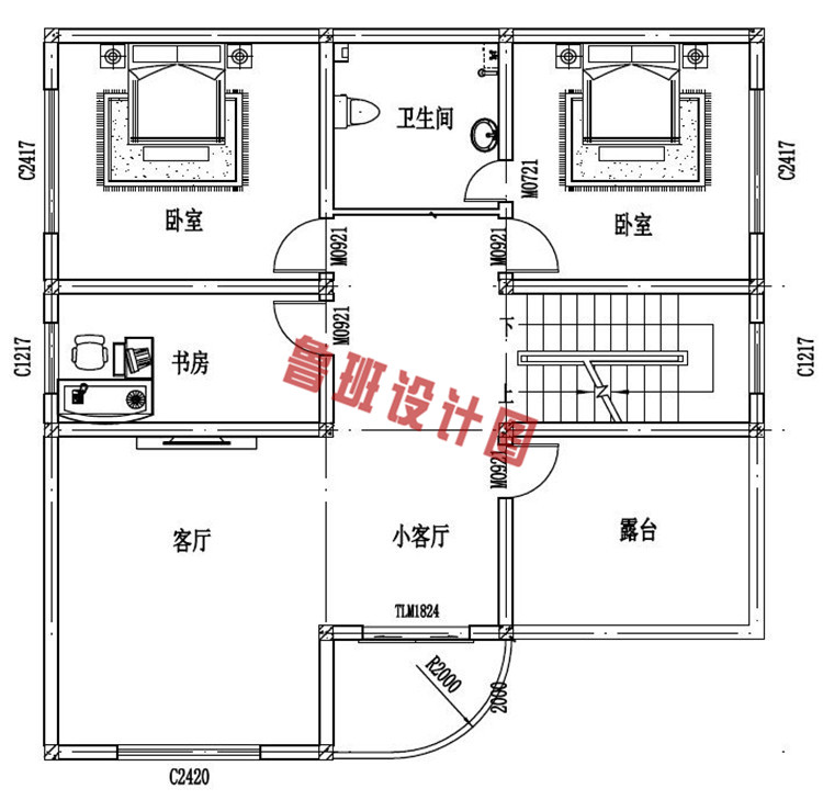 三层带小院建房别墅设计二层户型图