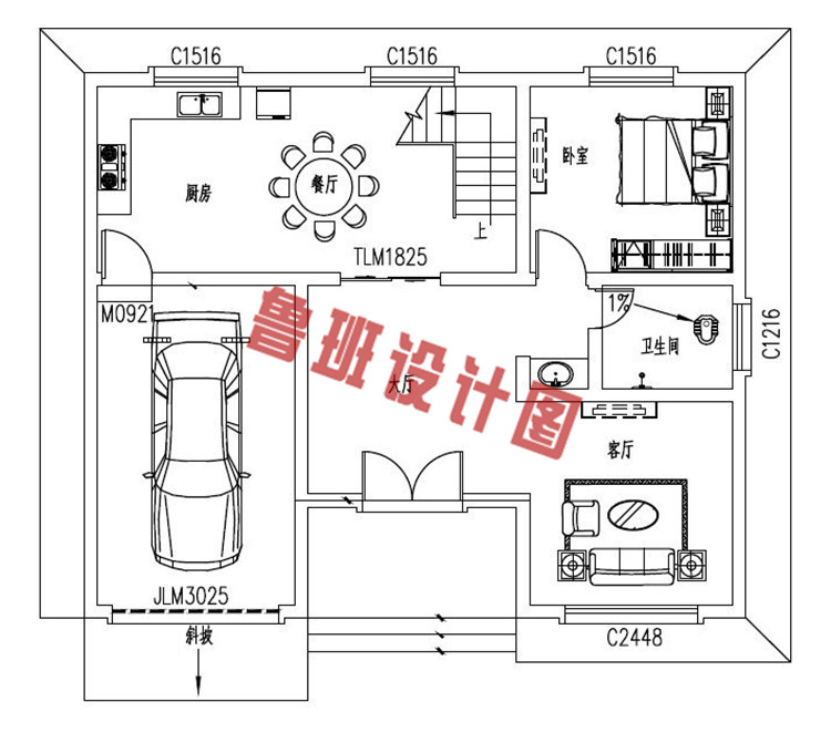 现代风格三层带车库别墅设计一层户型图