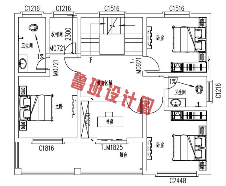 现代风格三层带车库别墅设计二层户型图