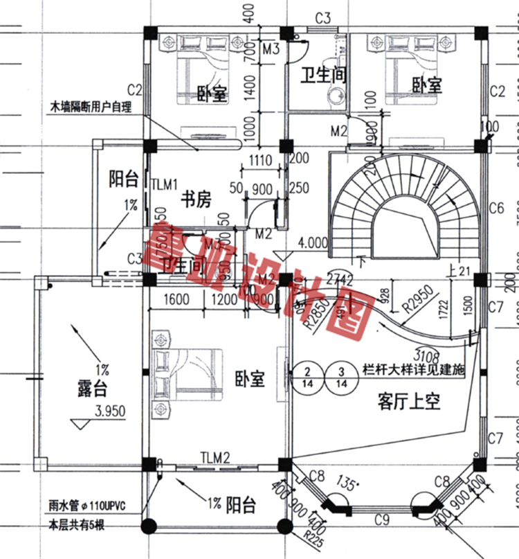 三层复式独栋楼房设计二层户型图