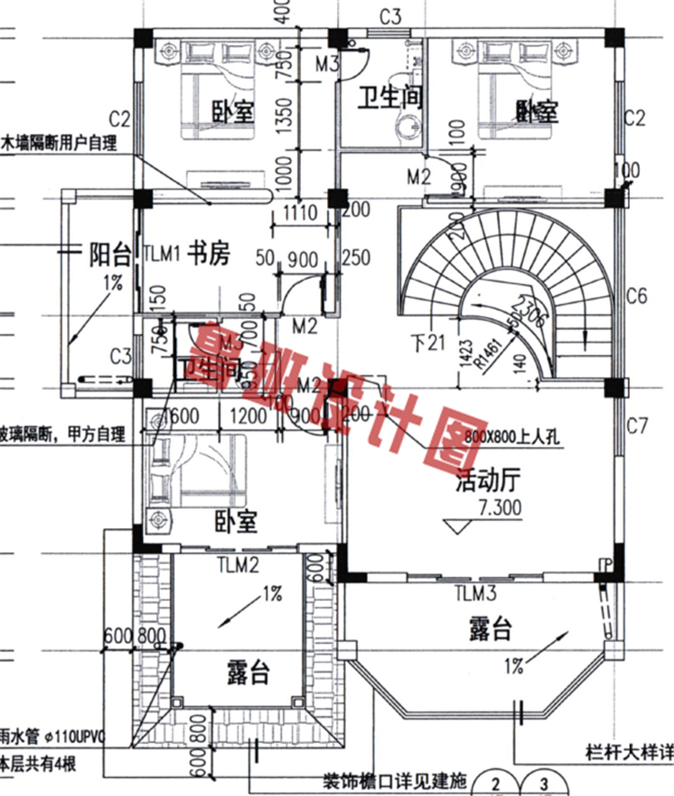 三层复式独栋楼房设计三层户型图