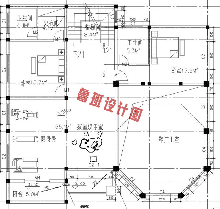 三层私人别墅设计二层户型图