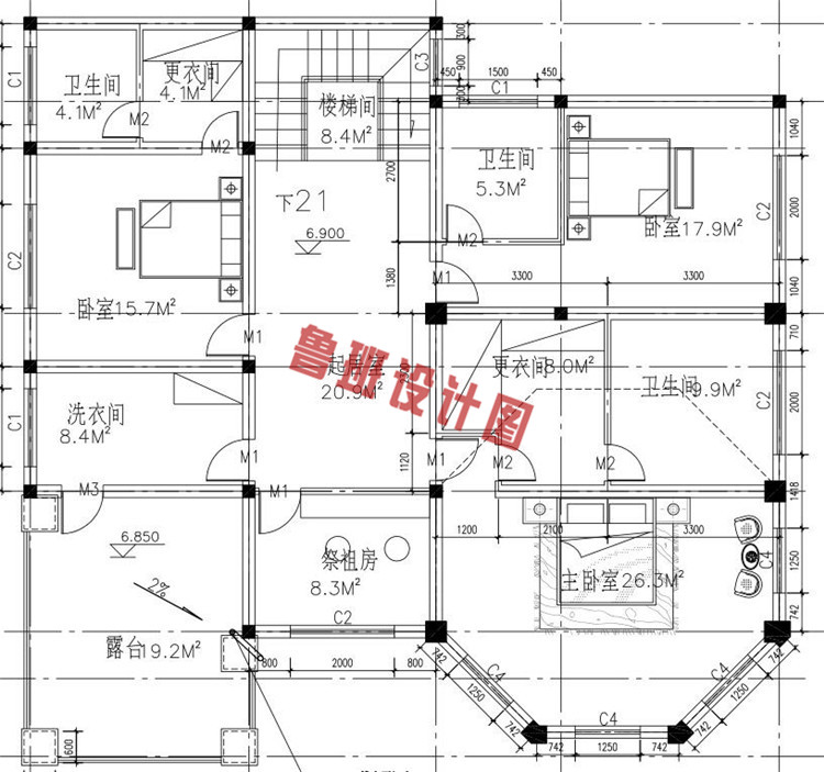 三层私人别墅设计三层户型图