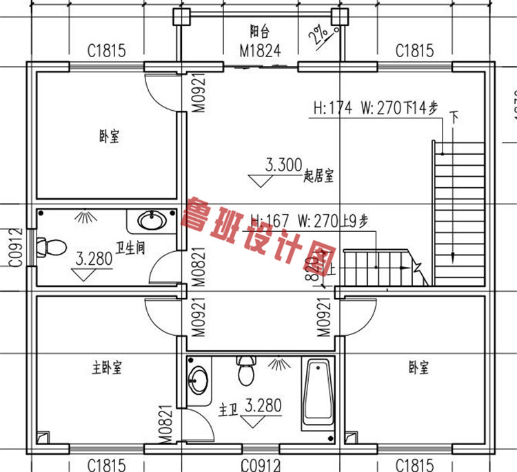 三层砖混结构别墅设计二层户型图