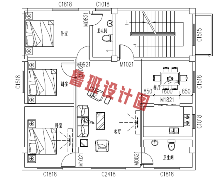 自建三层带商铺农村别墅二层户型图