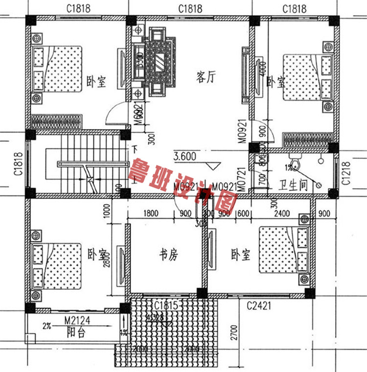 三层框架结构带车库别墅设计二层户型图