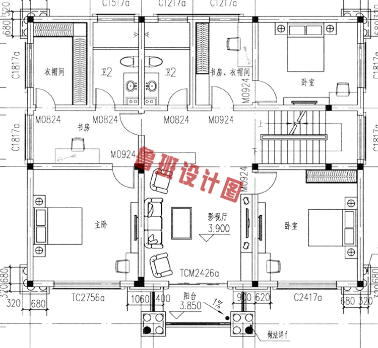 三层别墅楼房设计二层户型图