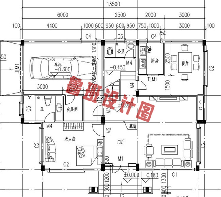 徽派三层别墅自建房屋设计一层户型图