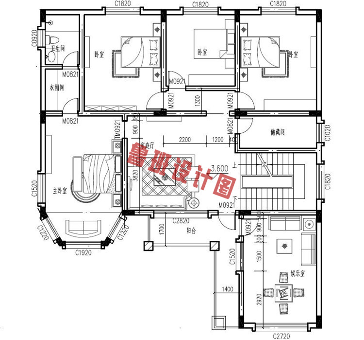 现代田园三层别墅自建房设计二层户型图