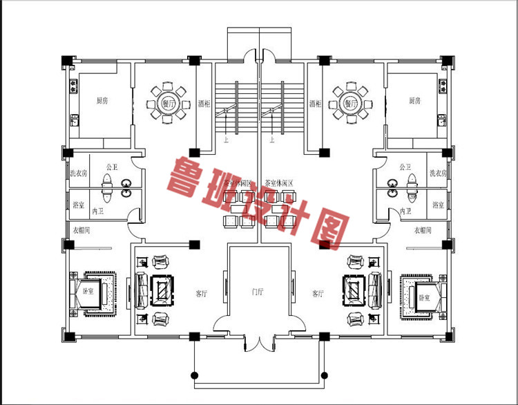 欧式共用门庭二层双拼小别墅一层户型图